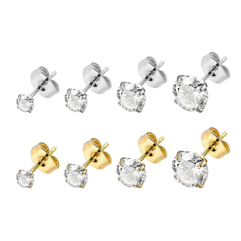 Simple geometric stud earrings with a round zircon stone on a stainless steel post, available in gold or steel colour.