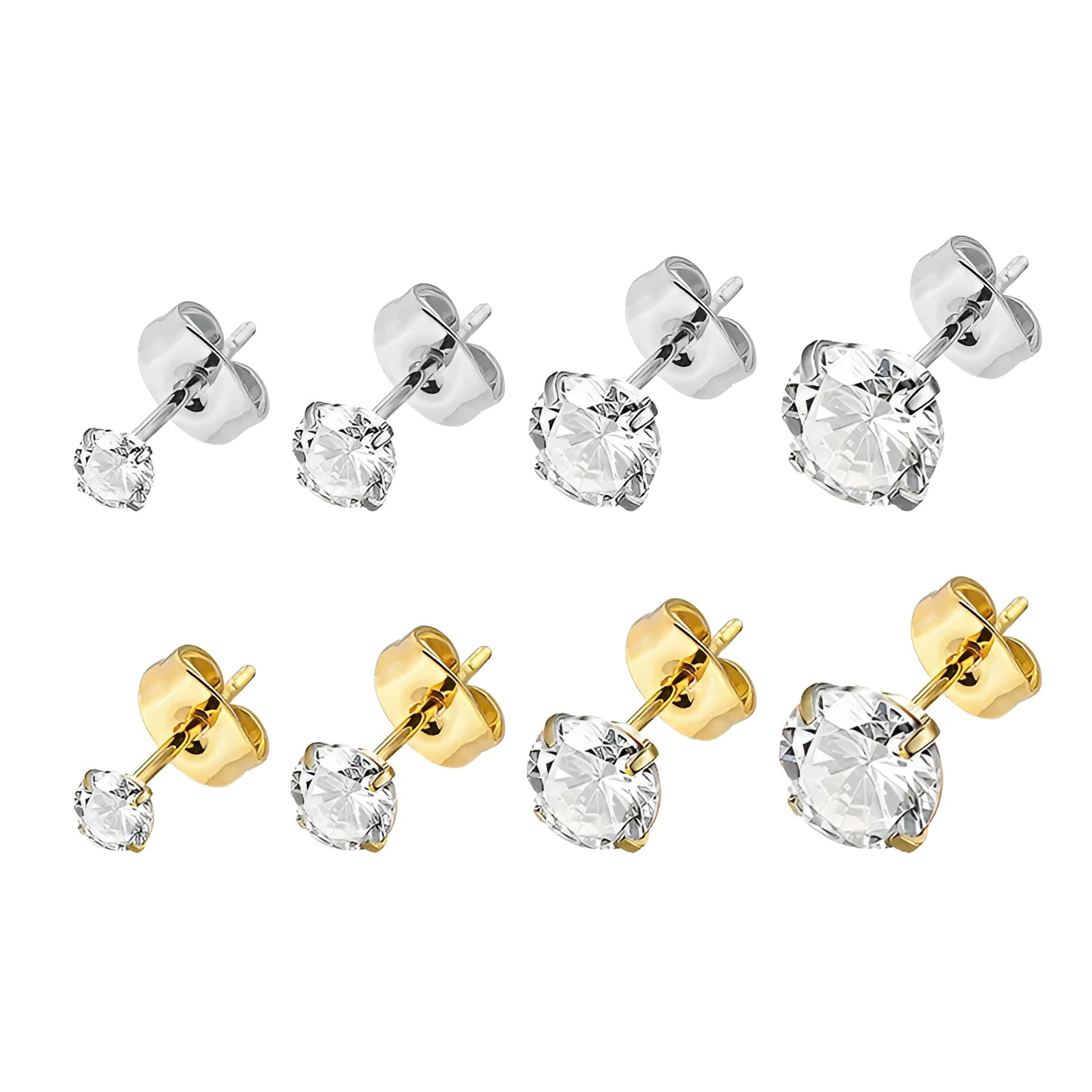 Simple geometric stud earrings with a round zircon stone on a stainless steel post, available in gold or steel colour.
