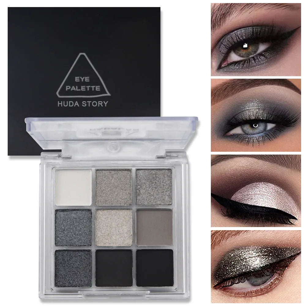 Nine-colour smoked eye shadow palette with white, silver, black, and iron grey shades