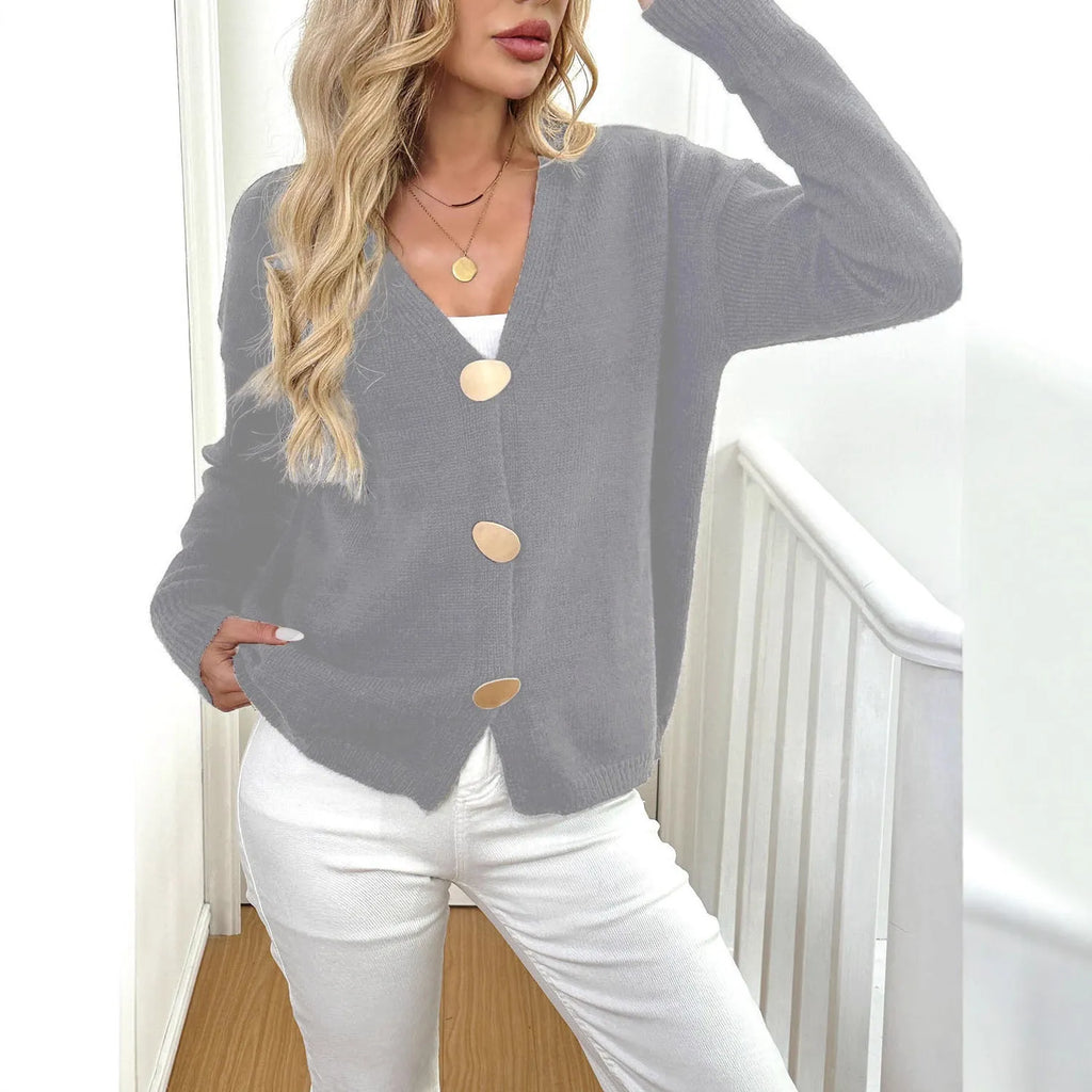 A grey deer plush women's long sleeve sweater coat with princess sleeves, shown in a street hipster style.