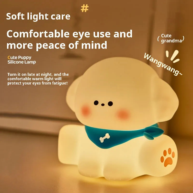 Silicone puppy night light for children's bedroom, 127mm high by 114mm wide, cartoon dog lamp