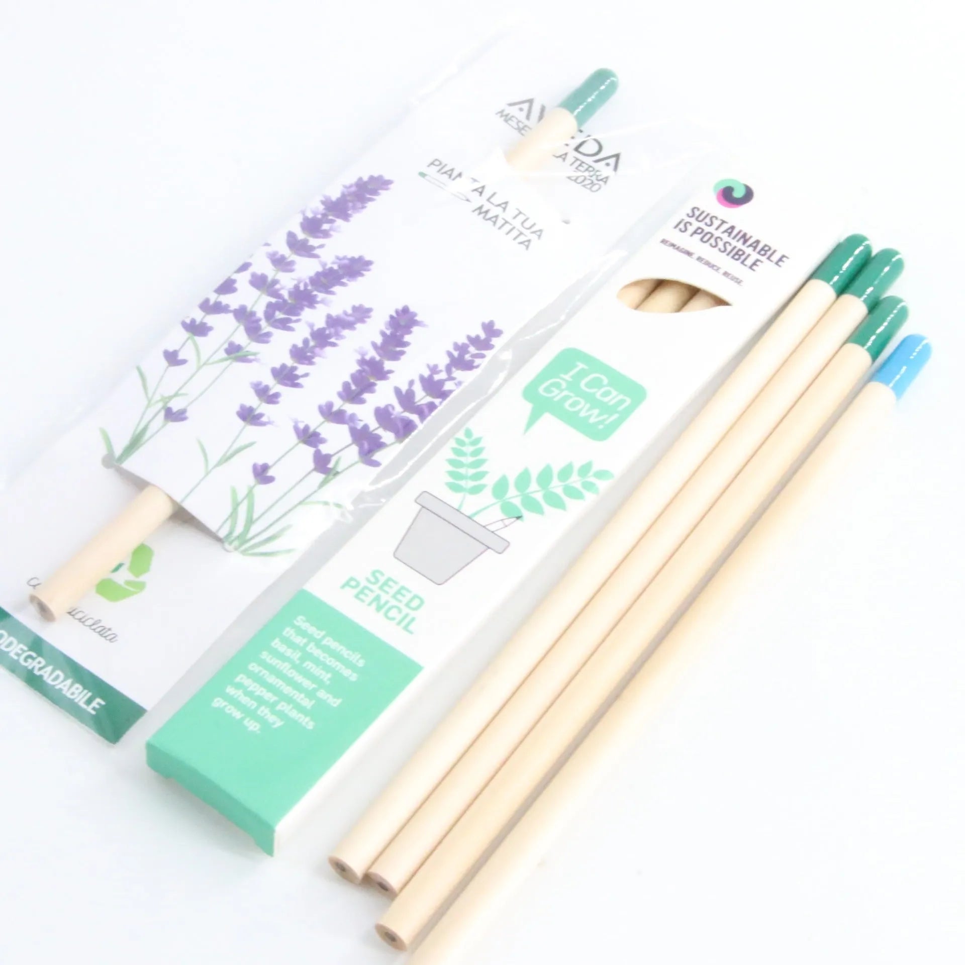 Colourful plantable seed pencils with HB refills and degradable capsules containing lavender or basil seeds.