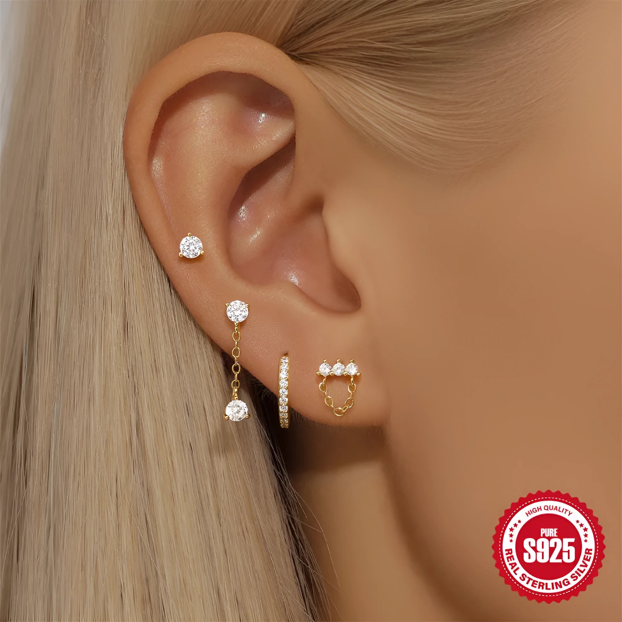 S925 sterling silver geometric earrings with a cold-style clover petal design in a gold-tone finish.
