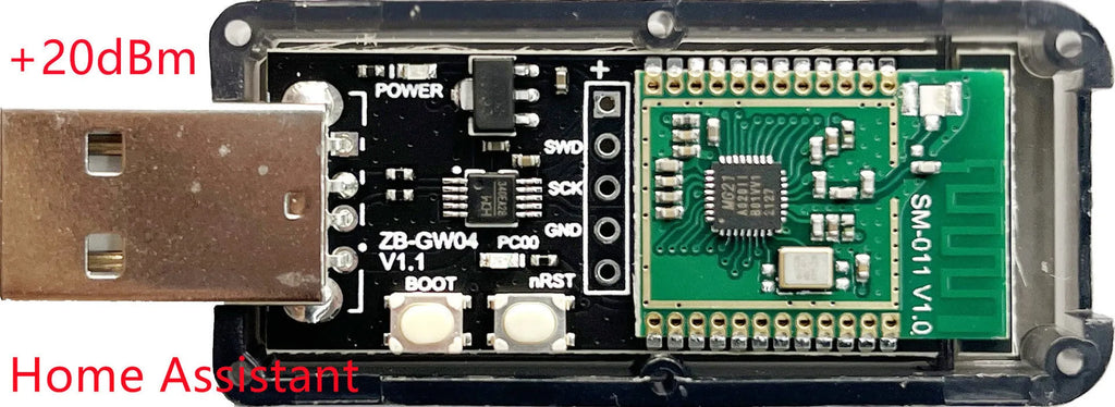 Silicon Labs EFR32MG21 Zigbee 3.0 USB dongle in plastic enclosure for Home Assistant.