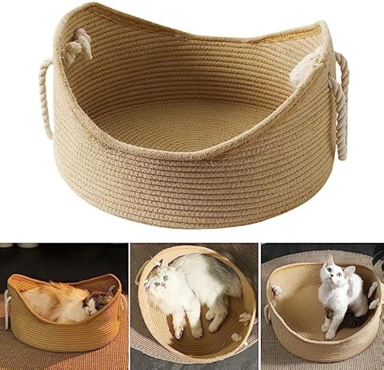 Wicker cat bed basket with a corrugated scratching board inside, shown in a home setting.
