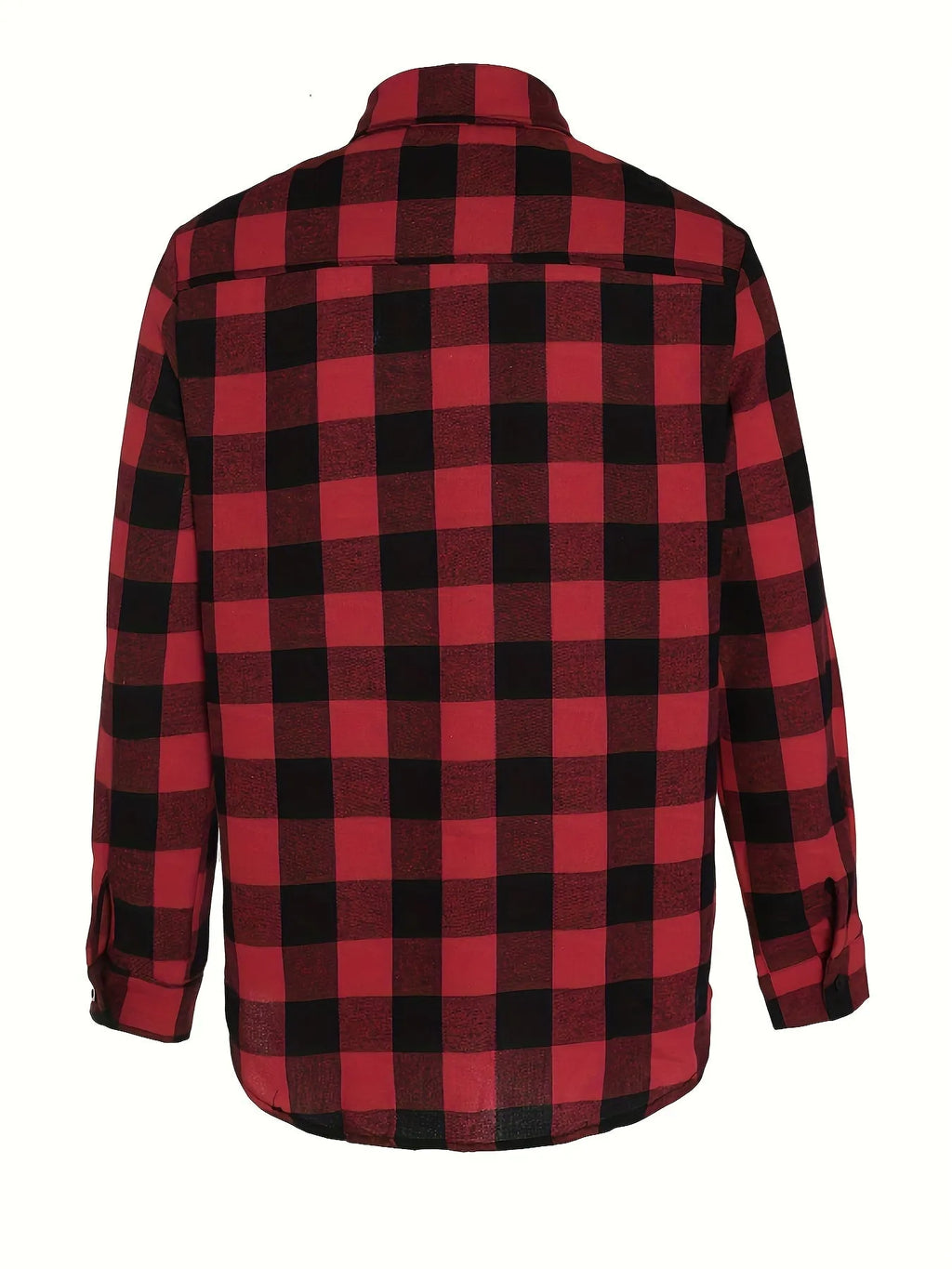 Teenage men's red and black checked long-sleeved casual shirt with button-front closure