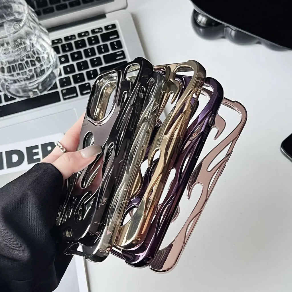 Electroplated hollow flame pattern soft phone case for Apple iPhone in silver finish.