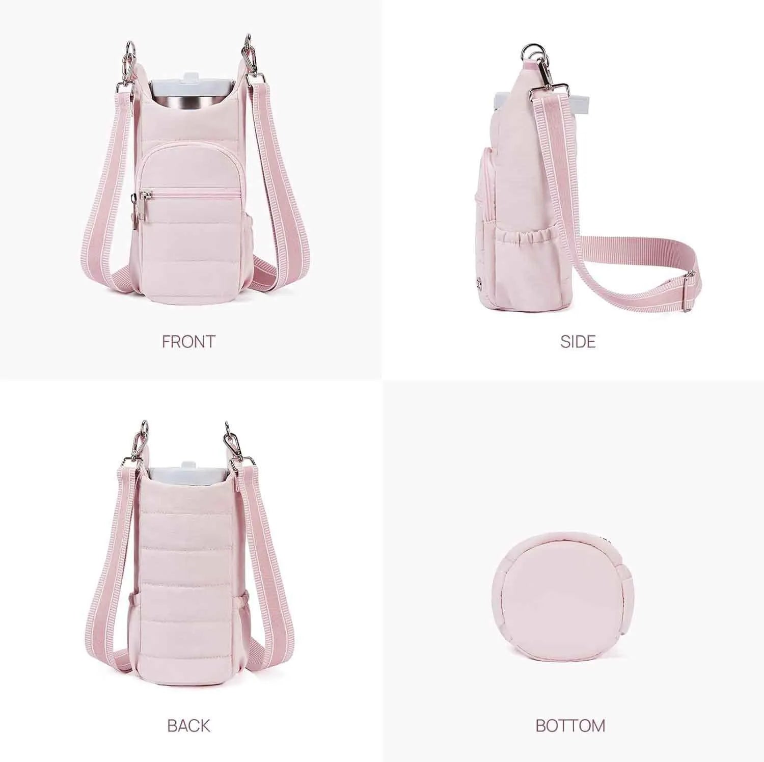 Cloth bicycle water bottle bag in black, pink or beige colour mounted on bike frame