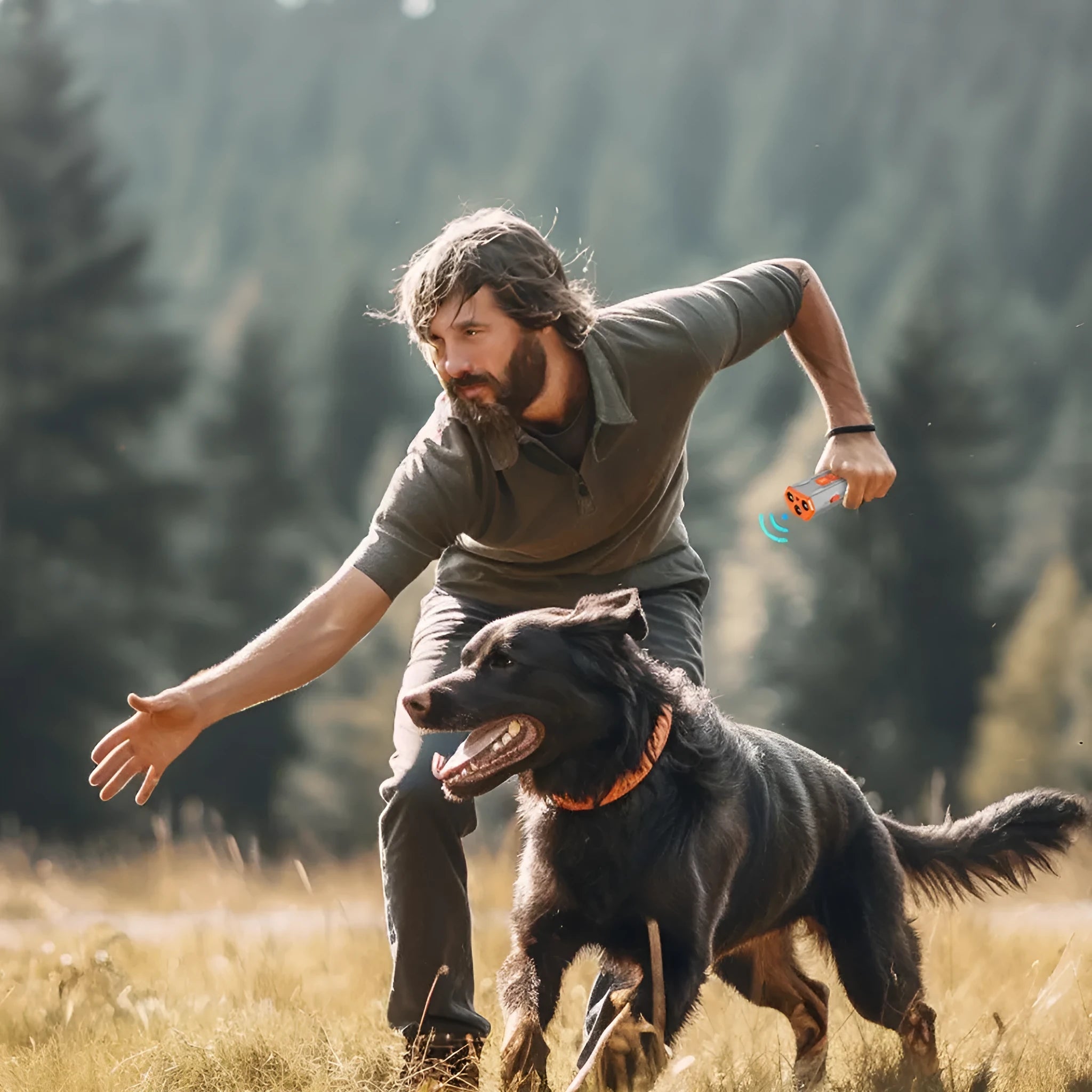 Grey and orange three-head ultrasonic dog trainer with remote control on a table.
