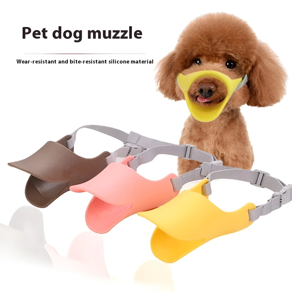 Silicone dog mask duckbilled sleeve anti-bite in bright yellow, pink, and brown sizes S M L