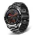 Smart watch with stainless steel band and 1.3-inch touch screen displaying step count.