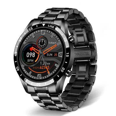 Smart watch with stainless steel band and 1.3-inch touch screen displaying step count.