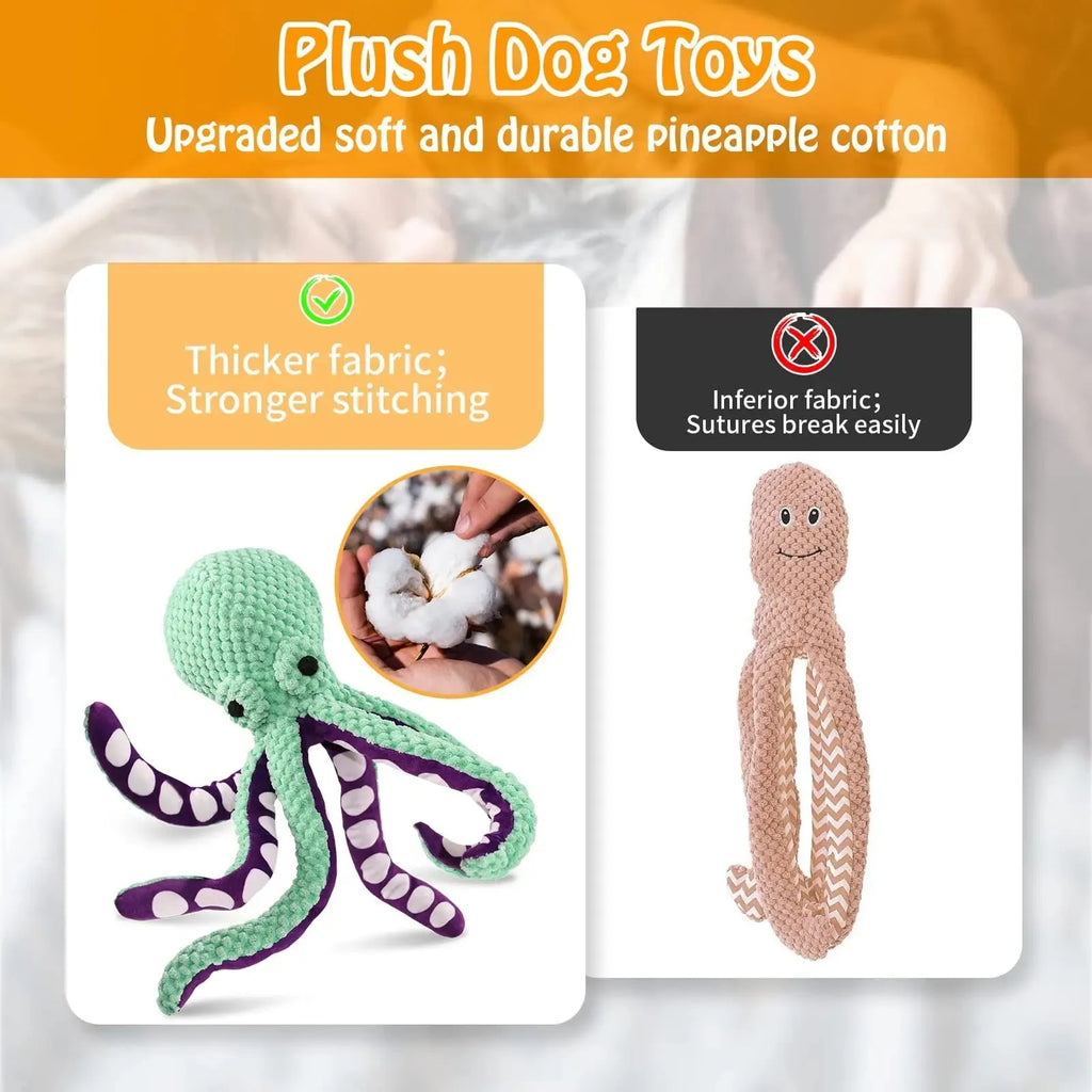 Blue octopus plush dog chew toy with six legs and squeaker for interactive play