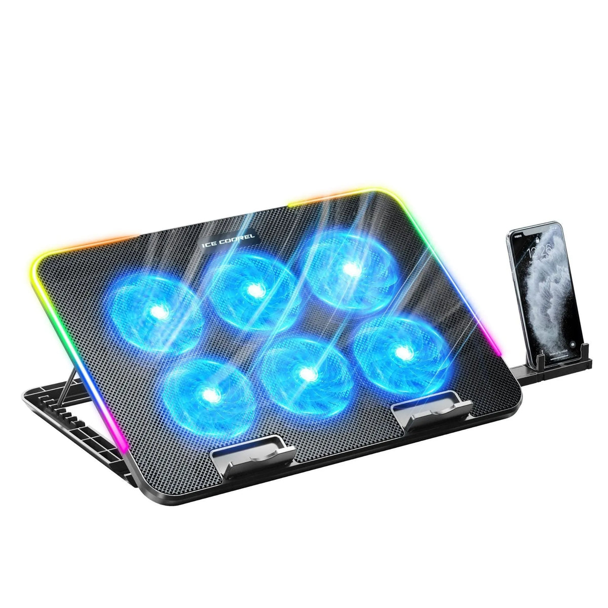 Laptop radiator air cooling base with fan, RGB phone bracket, 360x255x27mm, black colourful version