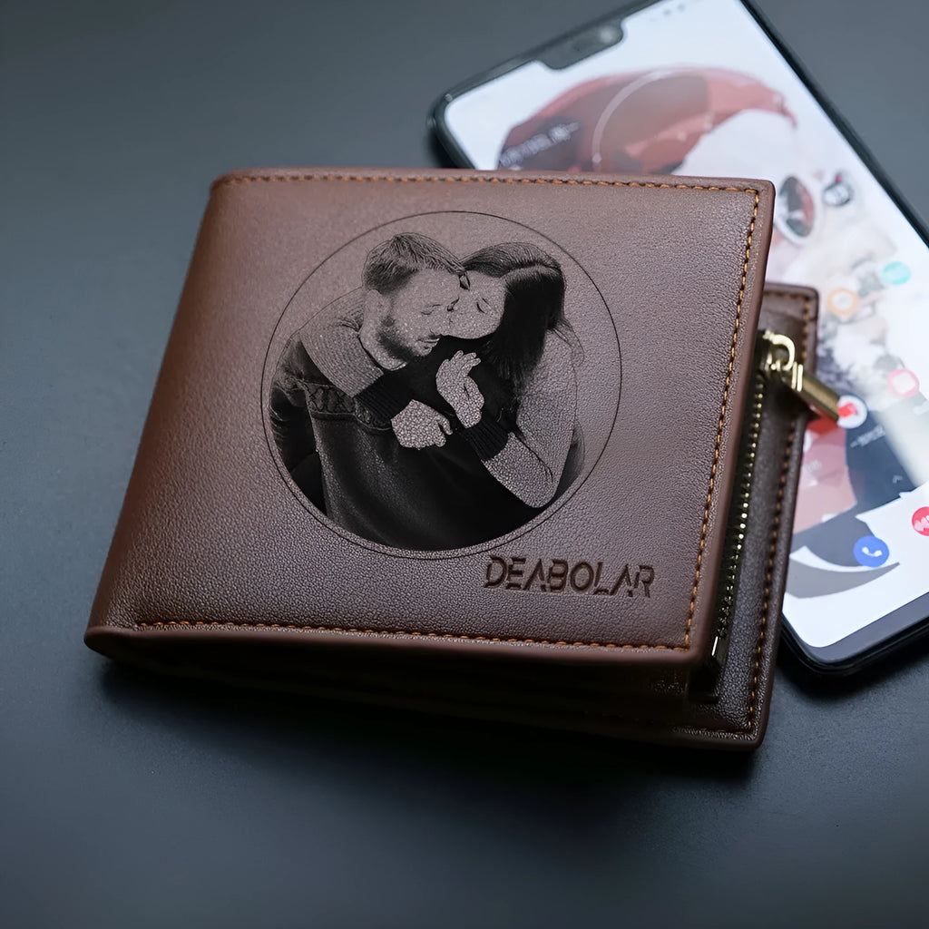 Men's classic leather zip-around wallet, presented as a gift.