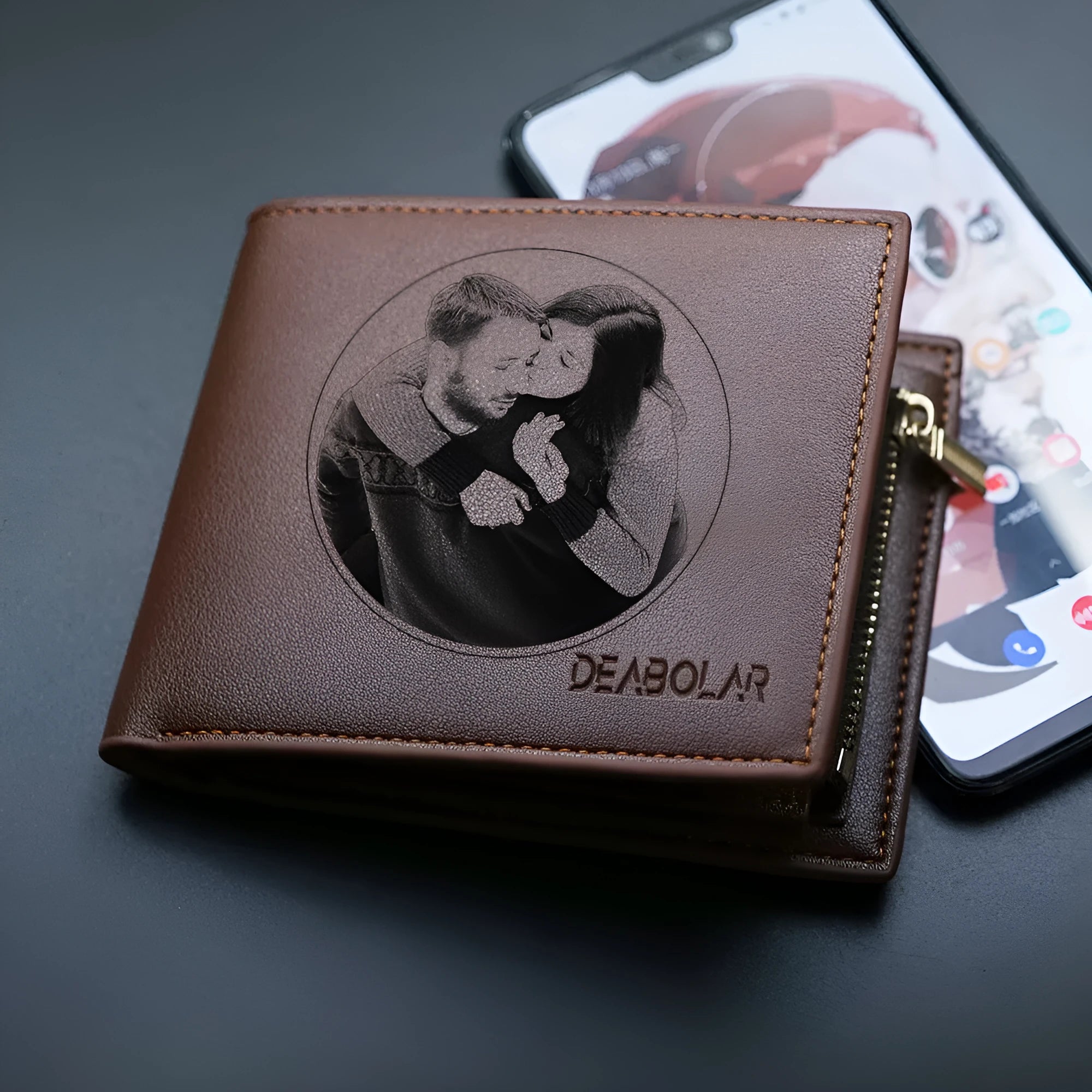 Men's classic leather zip-around wallet, presented as a gift.