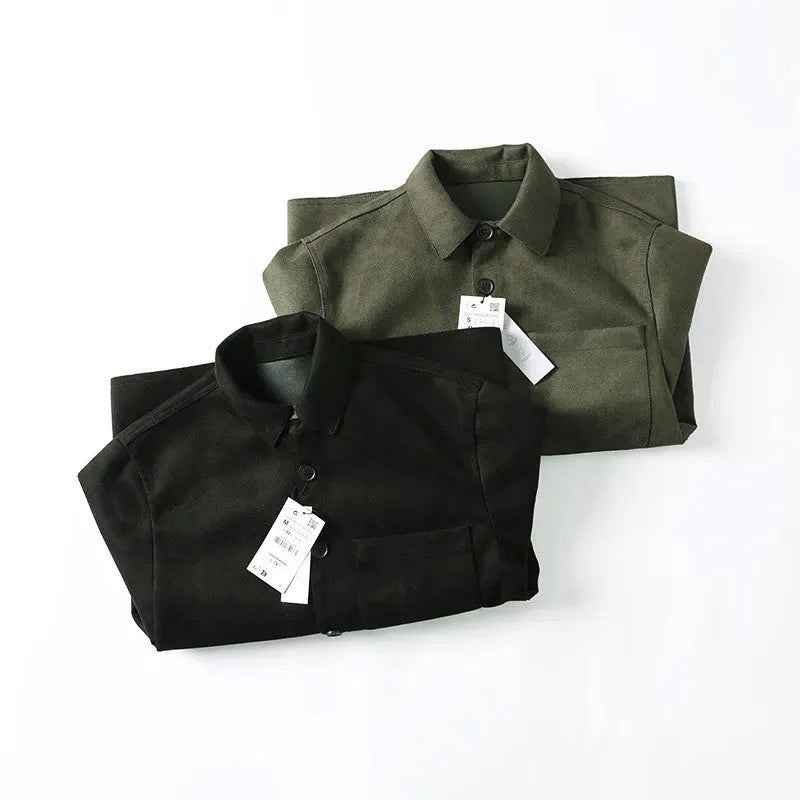 Men's loose fit long sleeve lapel collar shirt in black polyester fabric