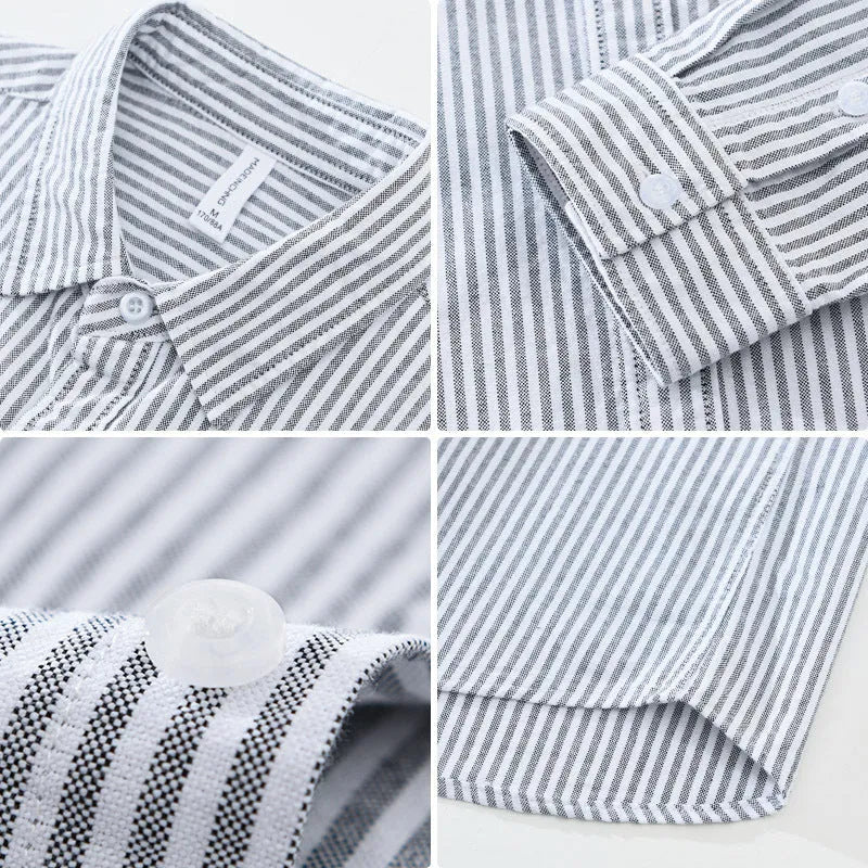 Men's loose long-sleeved pure cotton shirt in grey stripes or blue and white stripes, cardigan style, sizes M to 3XL