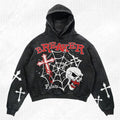 Black cotton polyester skull print hoodie on model, pullover style with hood and long sleeves, M to 3XL sizes