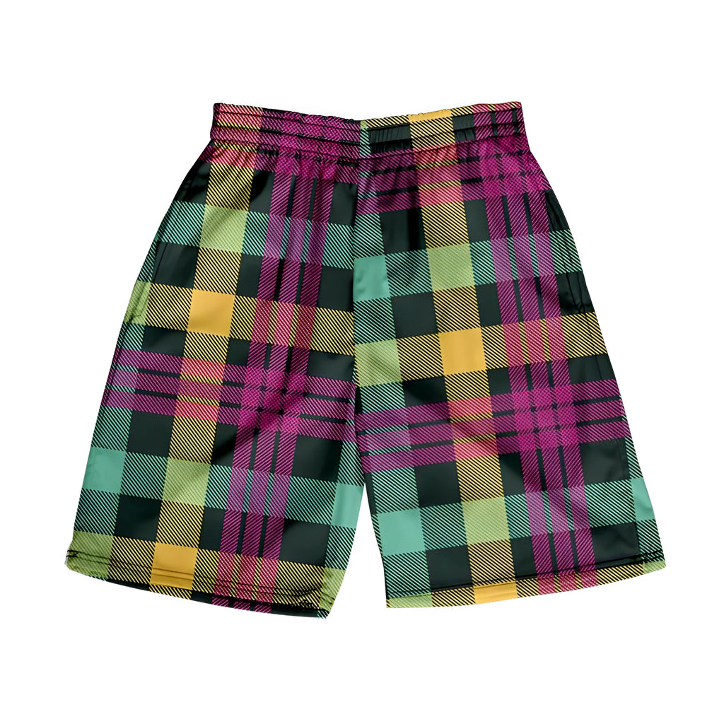 Men's plaid pattern casual shorts with elastic waistband on a plain background.