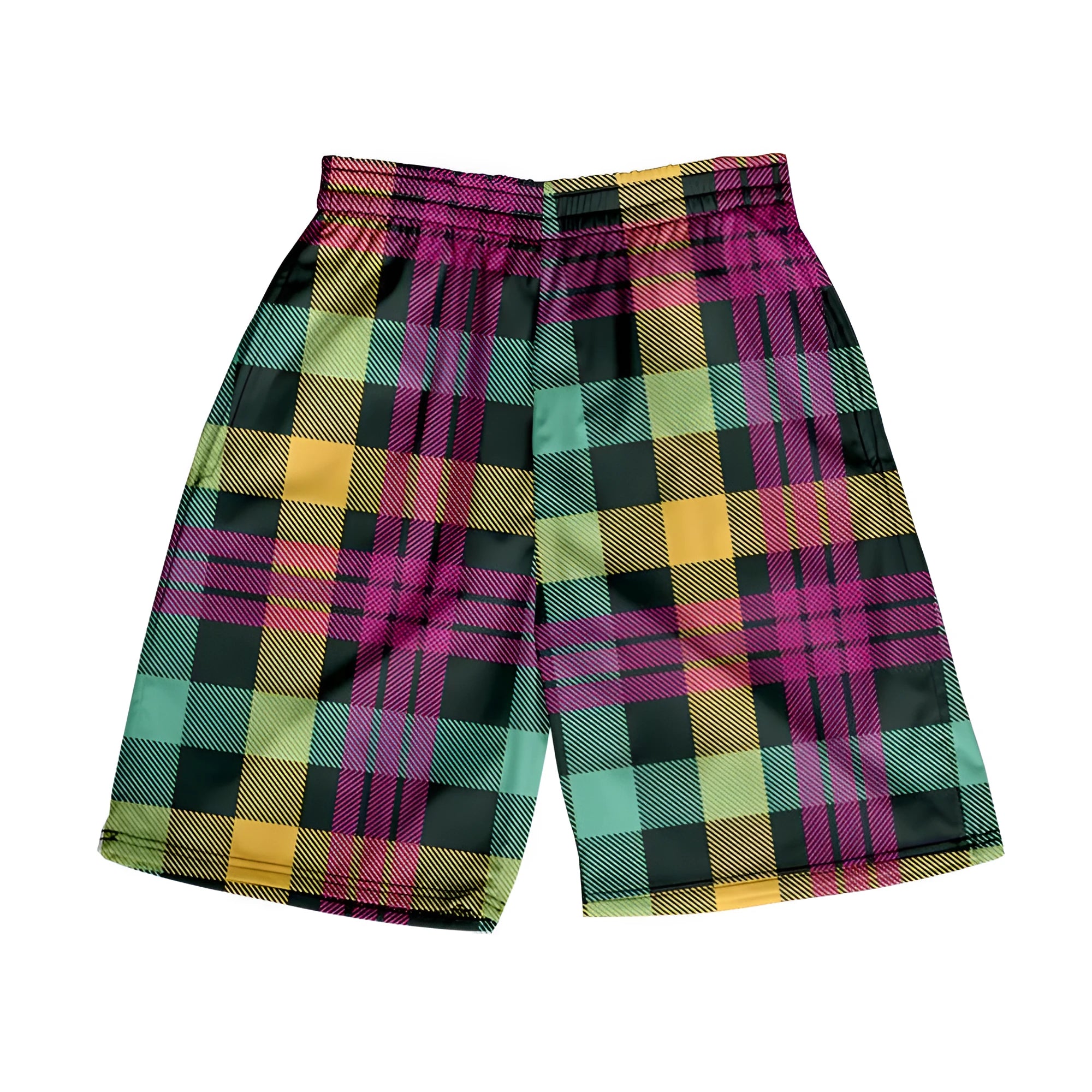 Men's plaid pattern casual shorts with elastic waistband on a plain background.