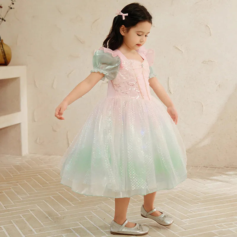 Cotton girls princess dress puff sleeve mermaid solid colour flower print suitable height 100cm