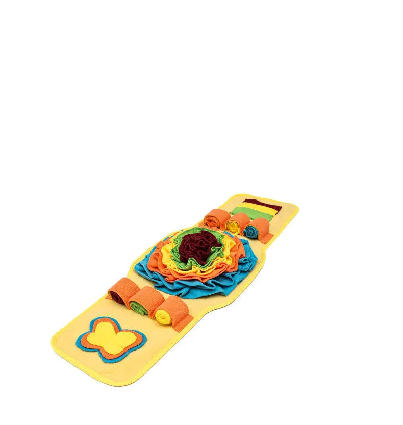 Watch-style dog training mat in blue and yellow, anti-slip base for slow feeding and nosework