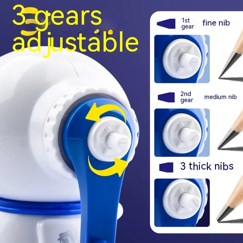 Blue astronaut themed manual pencil sharpener with anti-jam technology