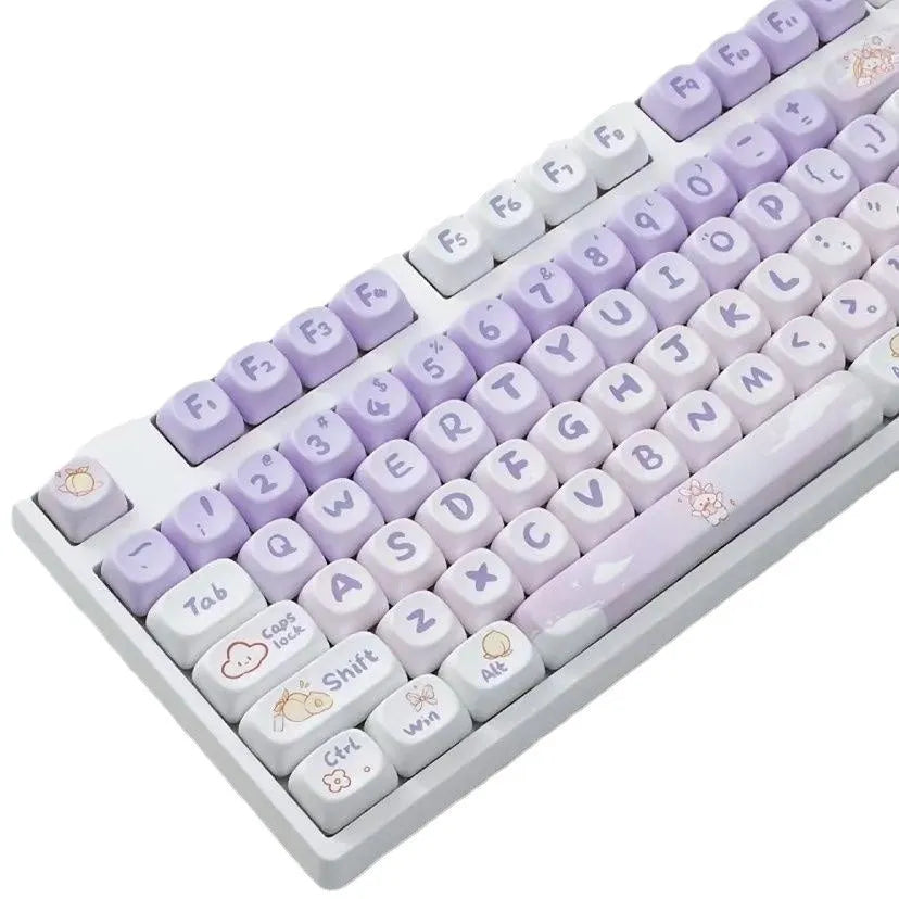 Set of purple gradient keycaps with rabbit design for mechanical keyboards.