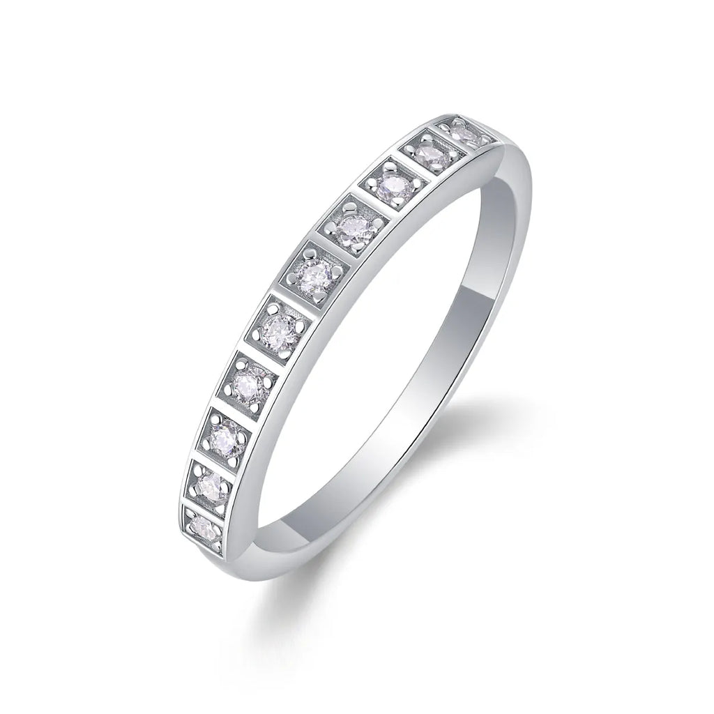 Moissanite wedding ring set on white background, S925 silver platinum plated, less than 0.1 carat stone