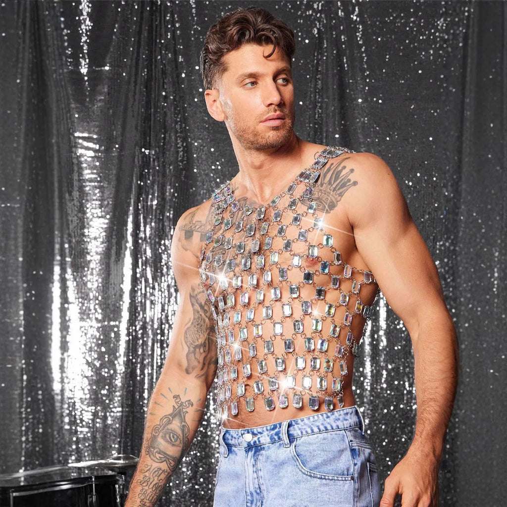 Heavy metal style gem vest top in transparent AB with slim fit and strapless design for men