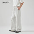 Men's summer casual trousers in black, high-waist straight-leg lace-up cut, cotton-blend fabric