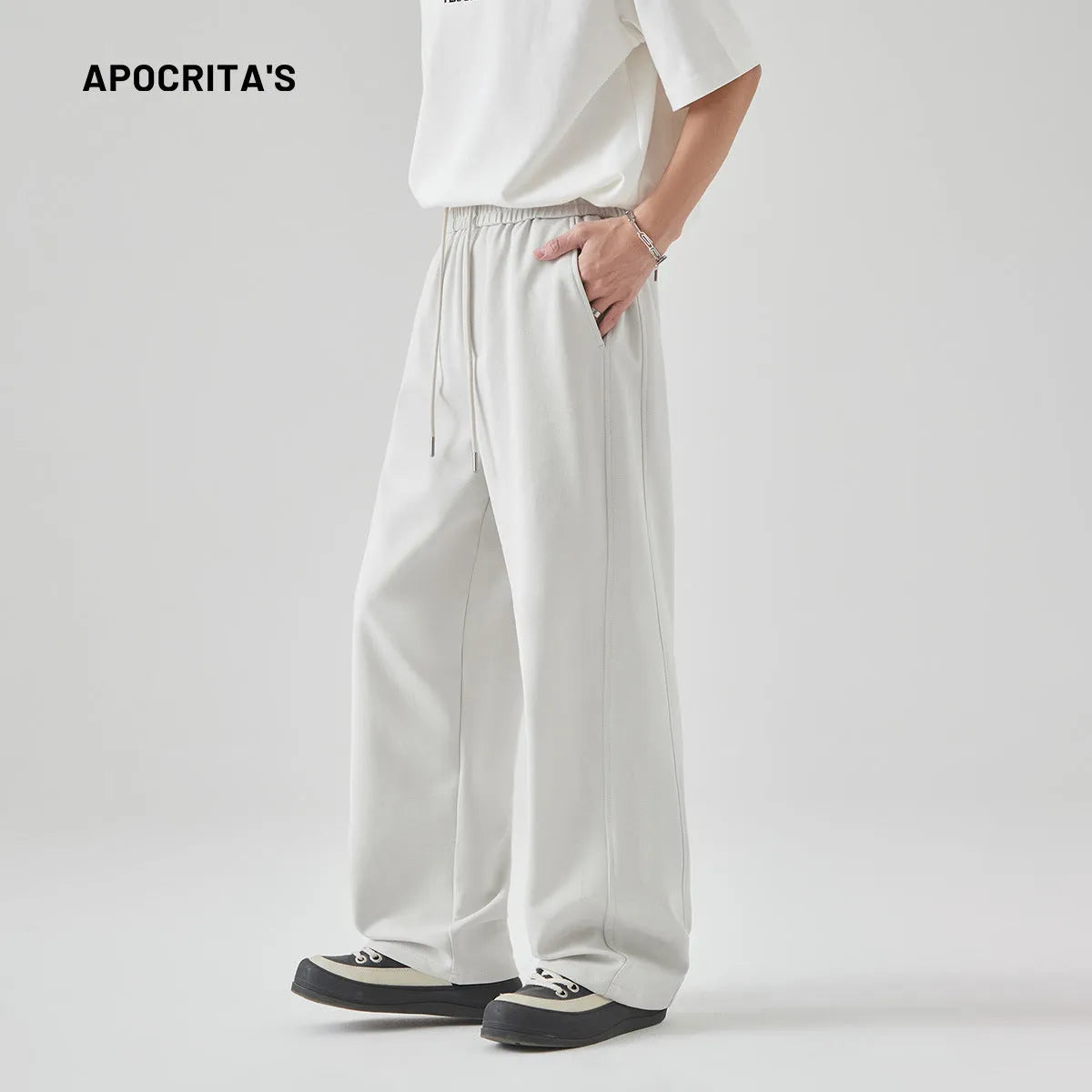 Men's summer casual trousers in black, high-waist straight-leg lace-up cut, cotton-blend fabric