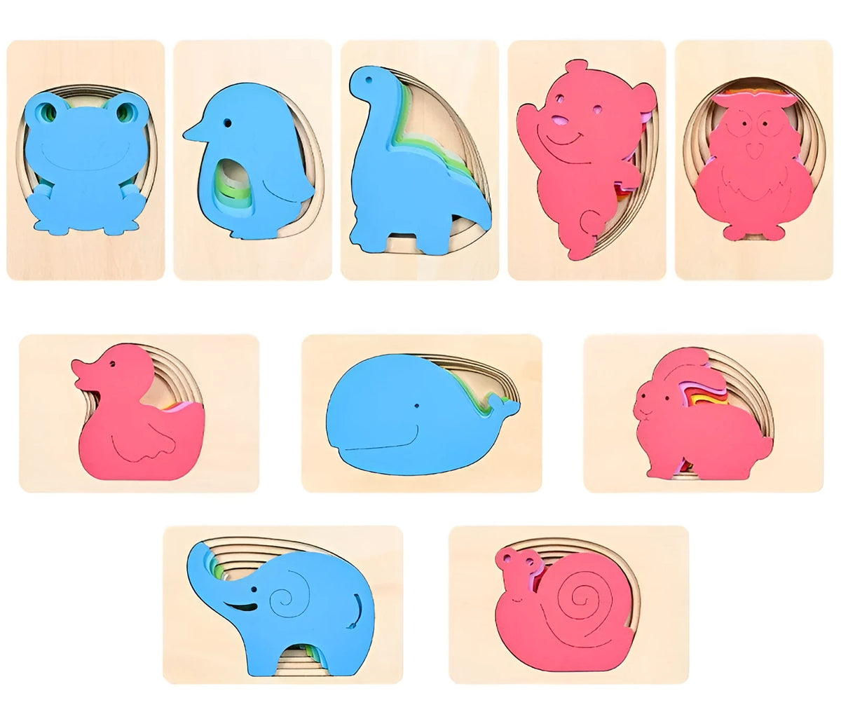 Wooden multi-layer gradient 3D animal puzzle for children aged 4-6, 14.7x9.7x1.6cm, showing a completed animal shape