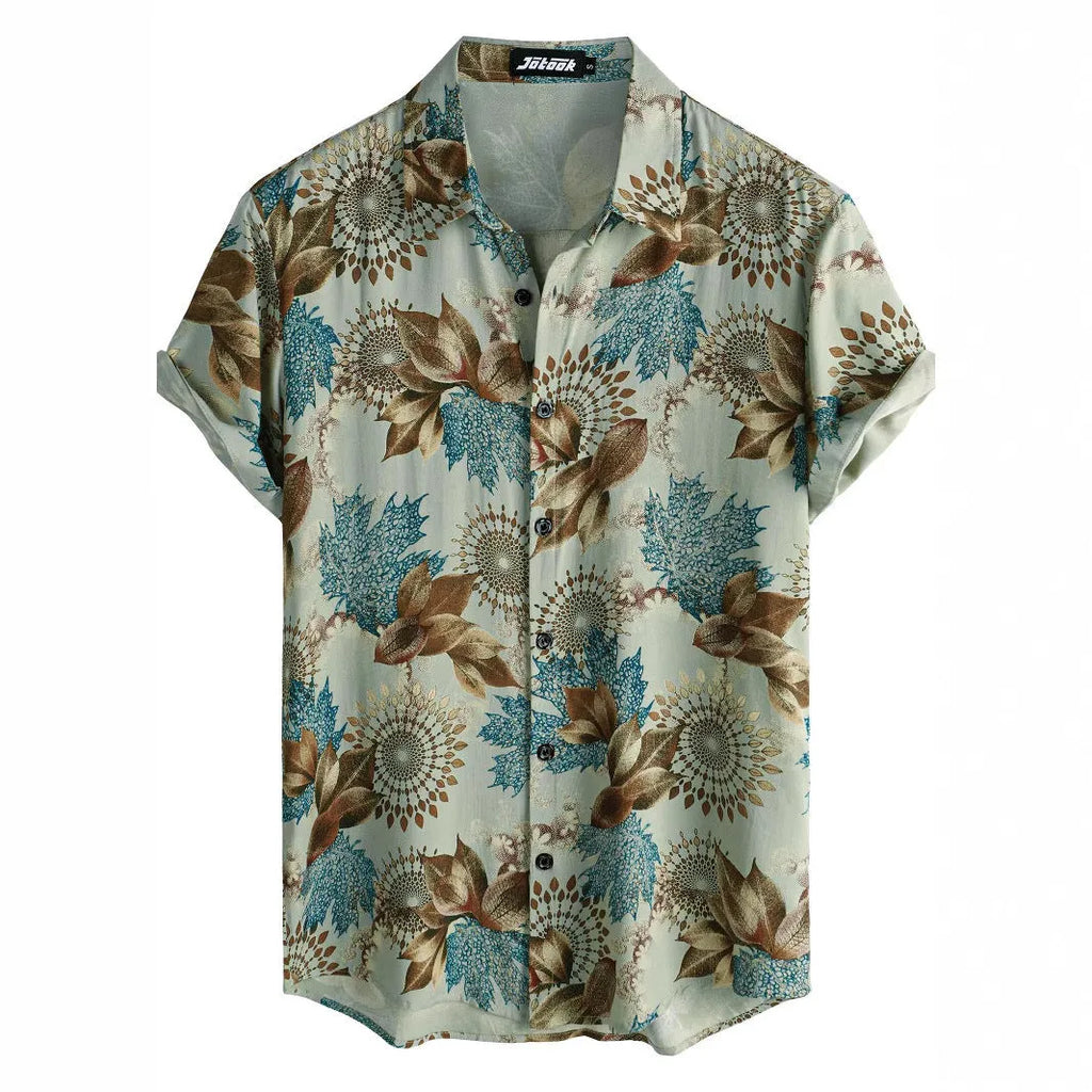 Hawaiian print short sleeve cardigan shirt with floral digital pattern on elastic polyester fabric