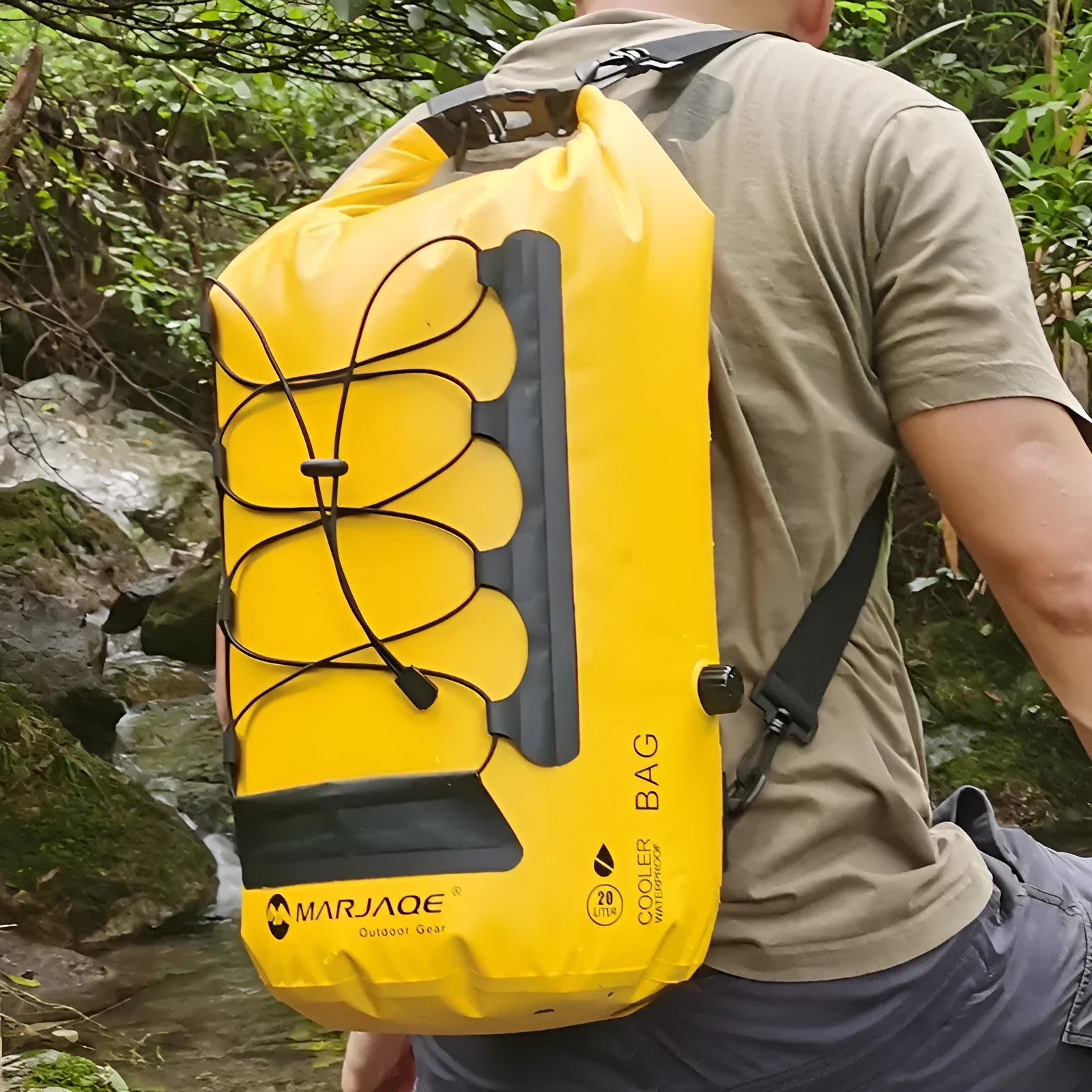 Yellow and black PVC waterproof backpack with dry-wet separation compartments for outdoor use