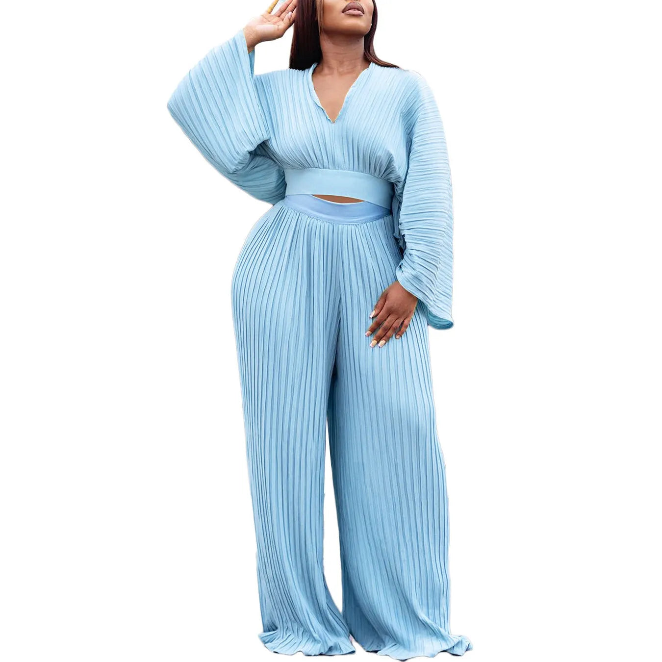 Women's African two-piece suit set with batwing sleeves and wide leg trousers in red or sapphire blue