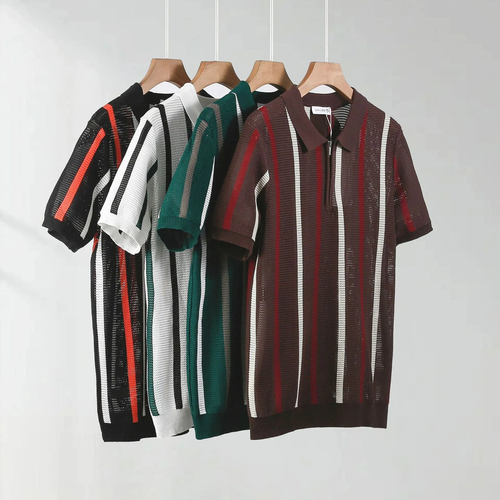 Men's short-sleeved ice silk polo shirt in loose fit with decorative zipper detail.