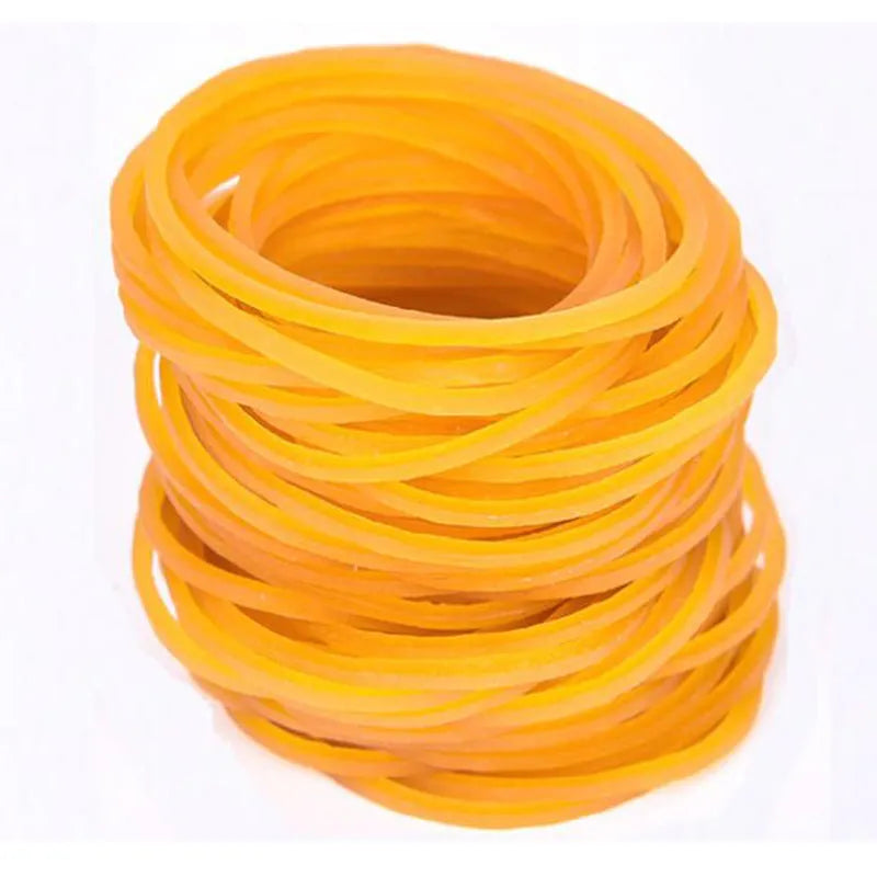 Bulk pack of assorted yellow rubber bands in sizes from 16mm to 70mm diameter
