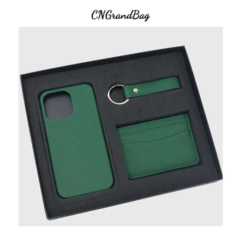 Genuine leather iPhone case, keychain and card holder gift set in black, brown, navy blue and other colours