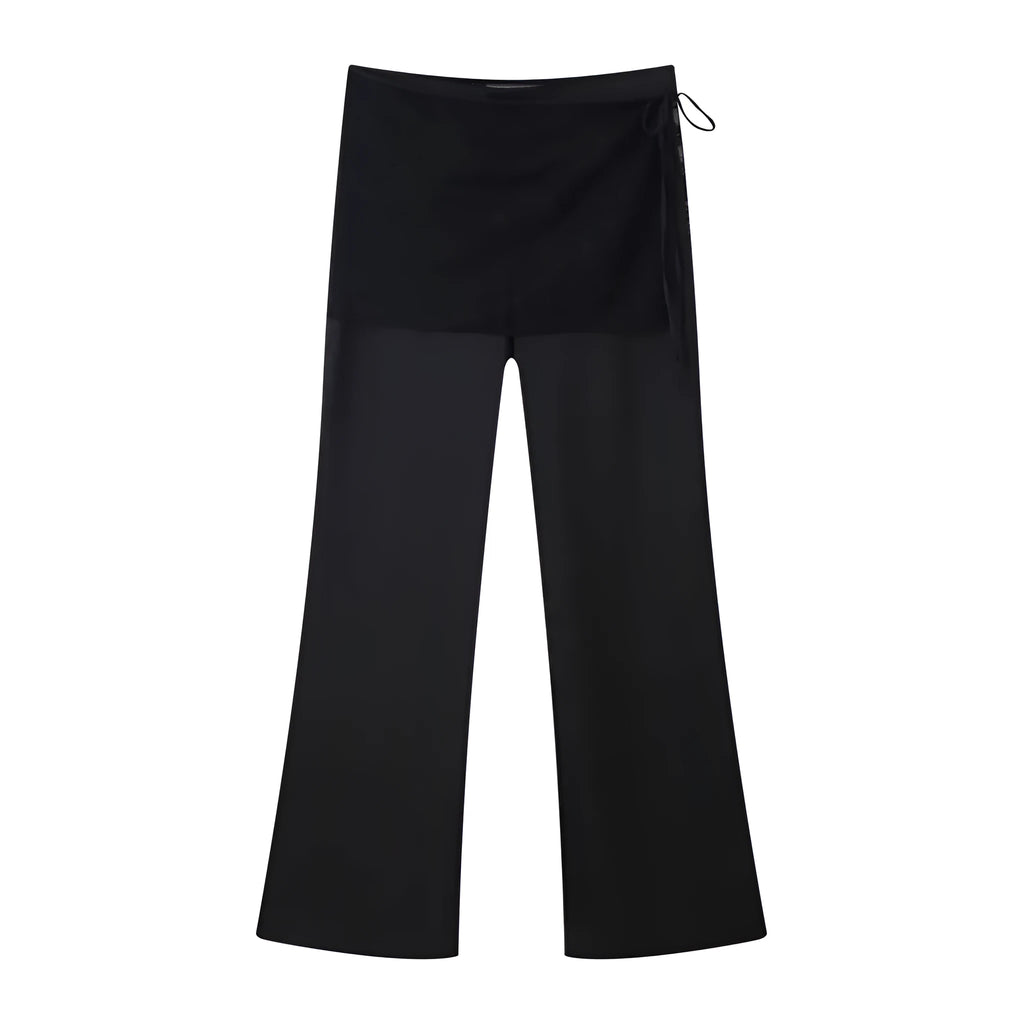 Black straight-leg trousers with lace-up front, loose fit, woven nylon, sizes XS to L