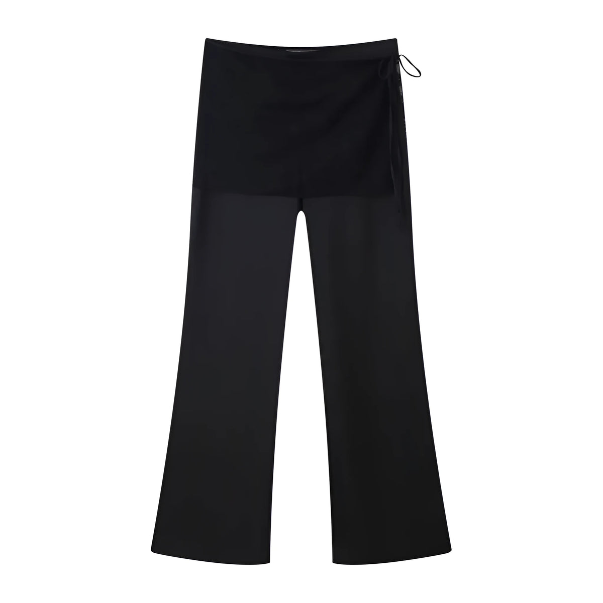 Black straight-leg trousers with lace-up front, loose fit, woven nylon, sizes XS to L