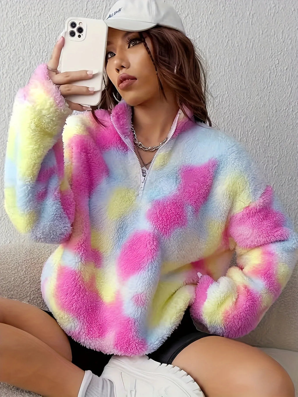 Women's rose red tie-dye half-open zipper plush pullover top with thick polyester fabric