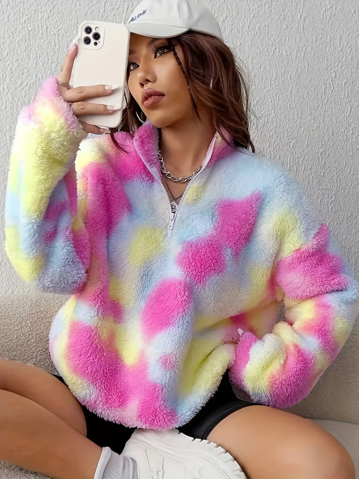 Women's rose red tie-dye half-open zipper plush pullover top with thick polyester fabric