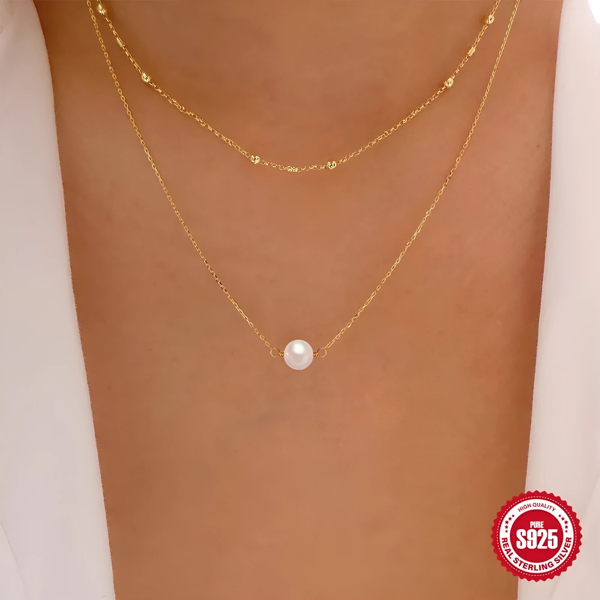 S925 sterling silver necklace with double layer design and twin pearls in gold or white gold colour