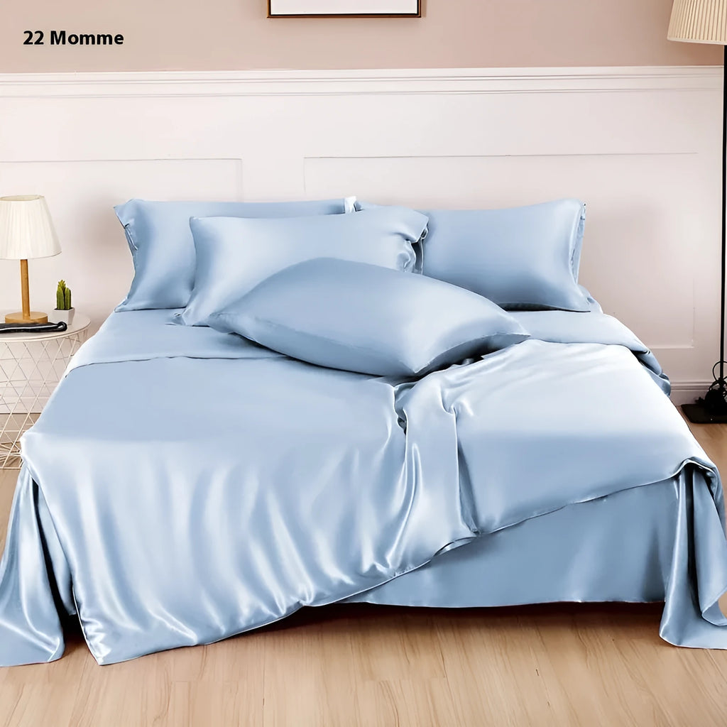 Solid colour silk duvet cover in plain weave construction, shown in bright brown