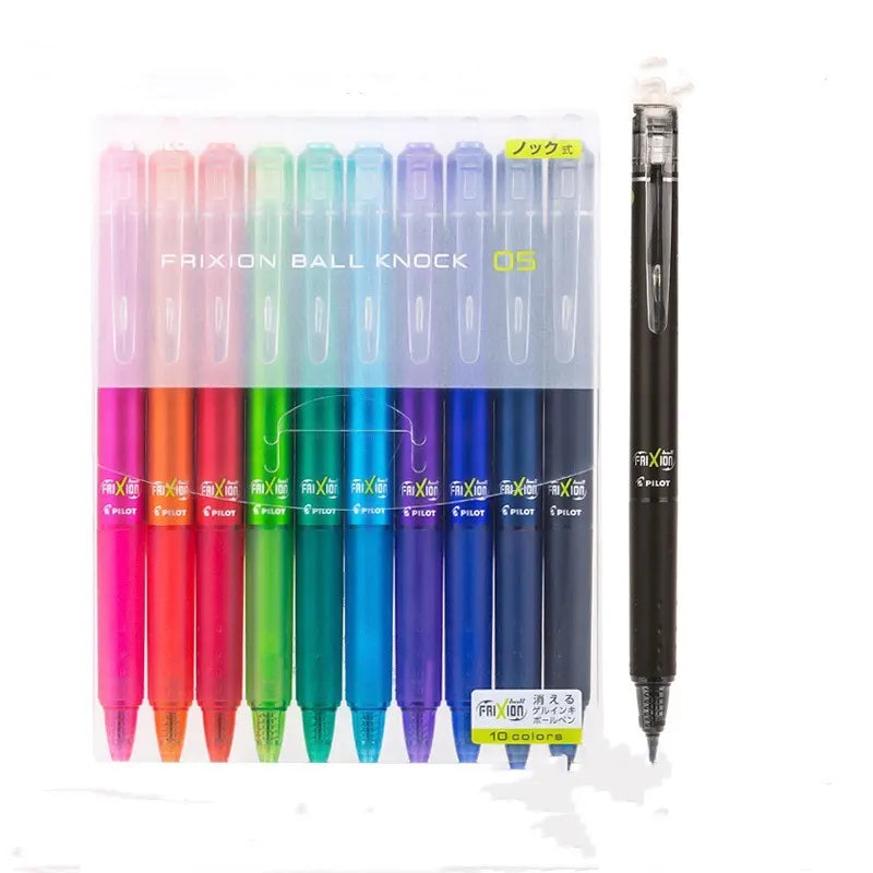 Ten-colour press open wipe pen set with 0.5mm tips, black red and blue shells, 145g pack