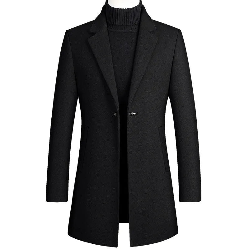Korean style long woolen trench coat, single button, straight hem, no belt, available in five colours.