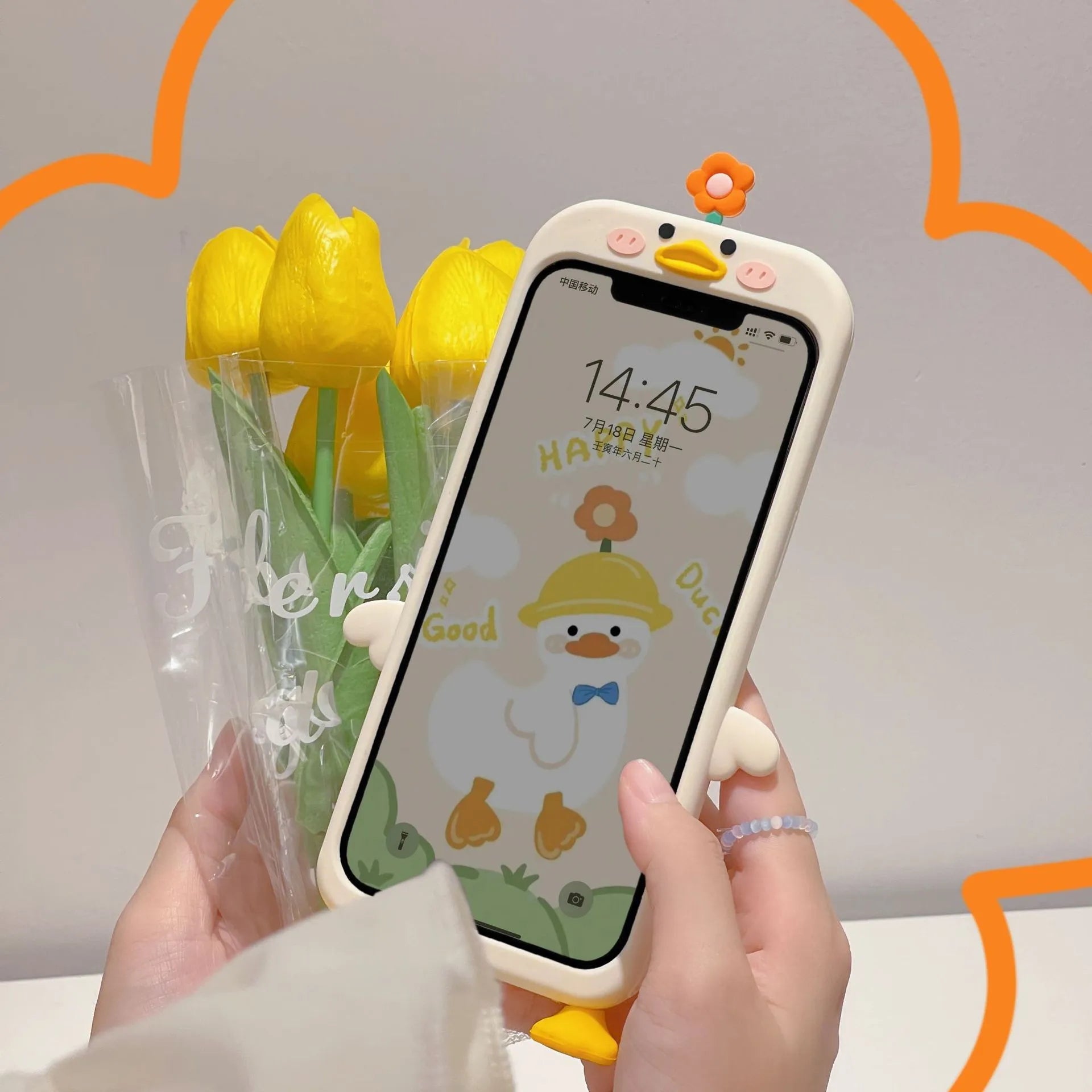 Creative stereo cute flower duck silicone phone case in Cute Duck colour for iPhone and Huawei models
