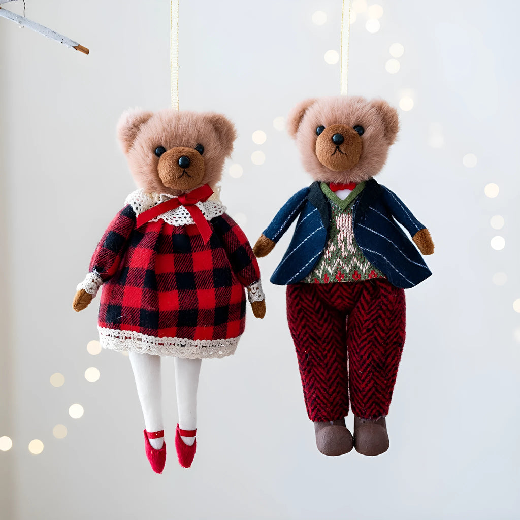Cartoon-style plush bear doll couple set with princess and gentleman bears wearing cloth cotton plaid outfits